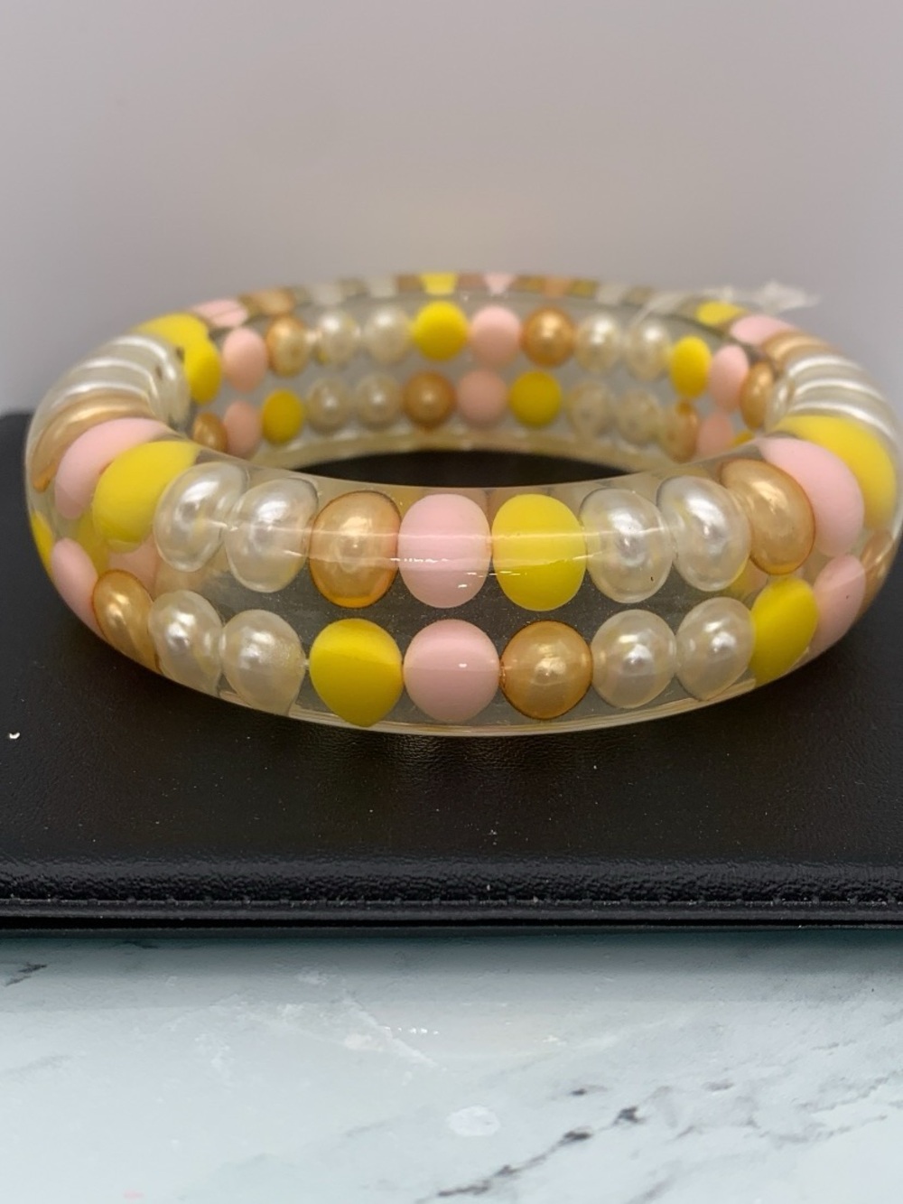 Chunky Clear Acrylic/ Resin Bangle Bracelet w Yellow & Pink beads encased inside